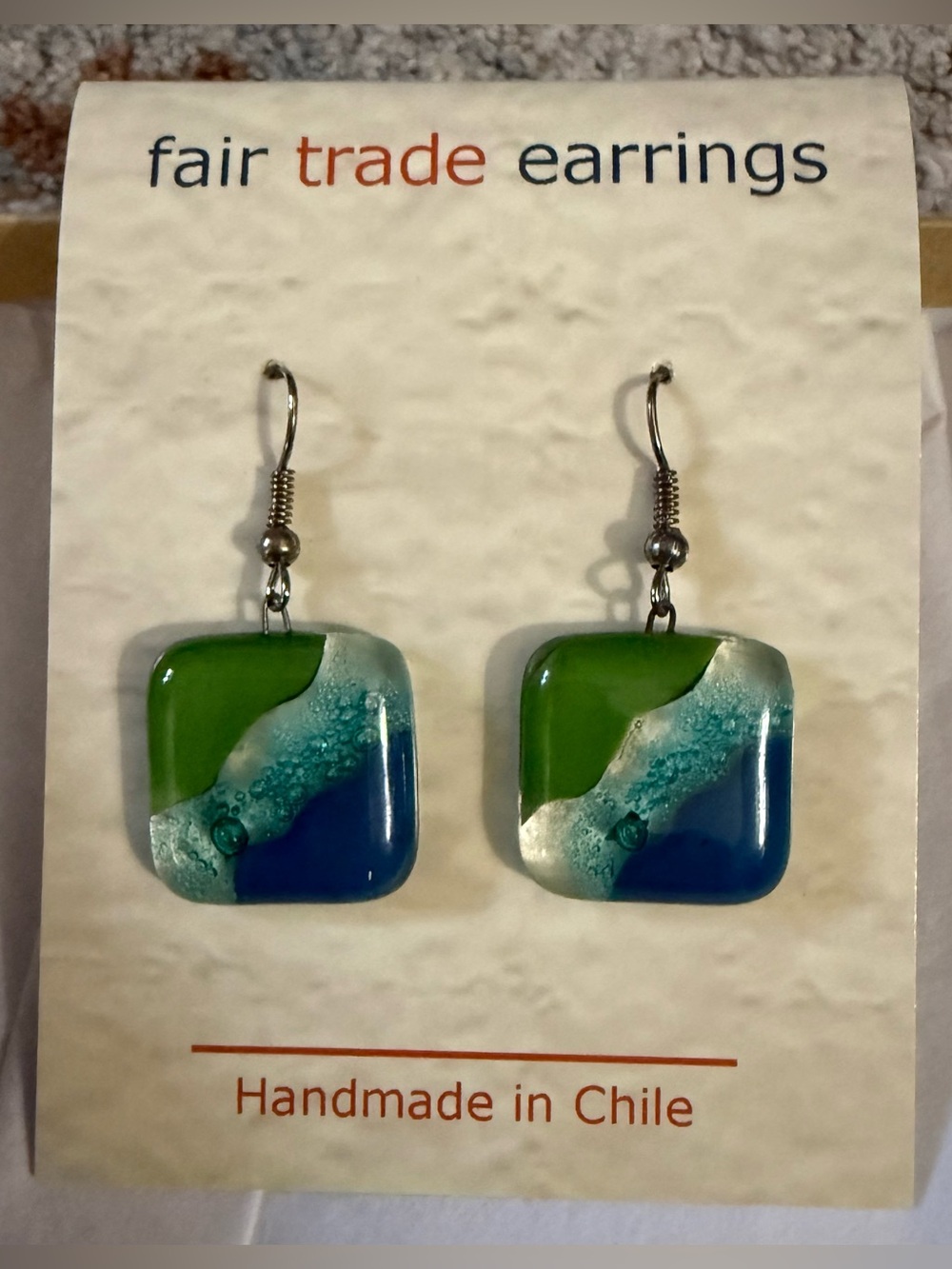 Fair Trade Green & Blue Glass Drop Earrings - Handmade in Chile